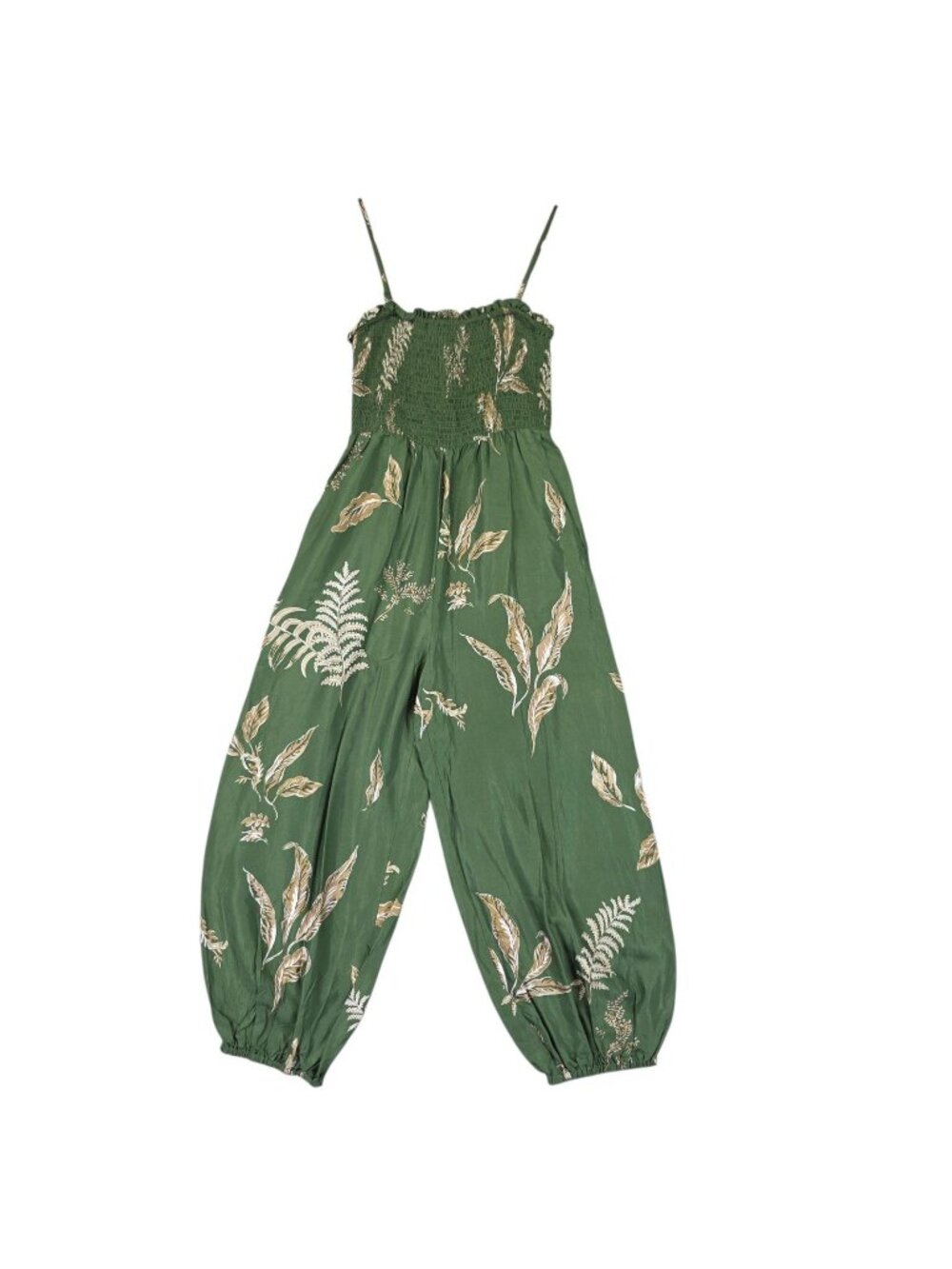Anthropologie Jumpsuit Womens Size S Green Floral Smocked Bodice Balloon Leg